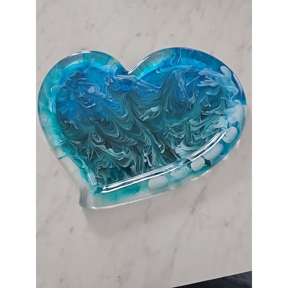 Handmade Resin Heart Shaped Tray Jewelry Keys Trinkets Change Blue Ocean 676‎